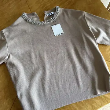 ZARA 베이지 비쥬 장식 반팔 상의 M