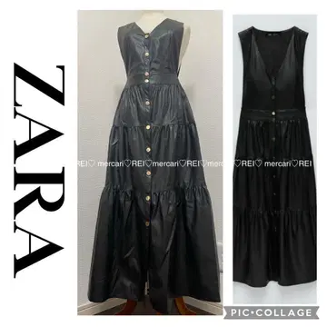 ZARA 자라 가죽 느낌 티어드 롱 원피스 베스트 블랙