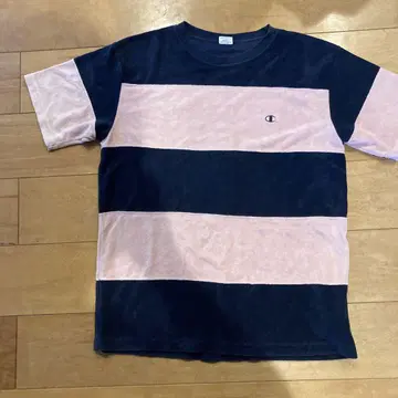 Champion 스트라이프 티셔츠 X-LARGE 네이비/핑크