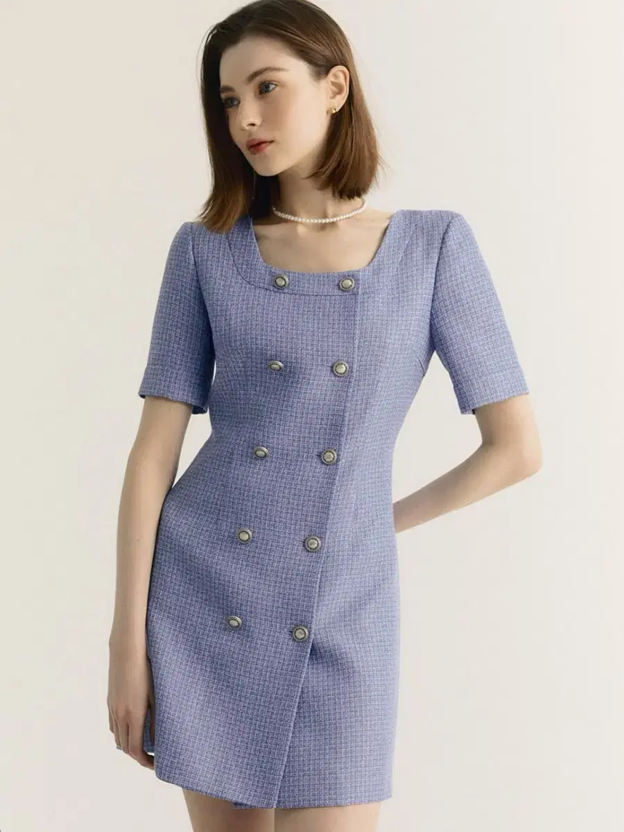 [New/Free Shipping] City Breeze Short Sleeve Onepiece Tweed Onepiece Summer Guest Look Square Neck
