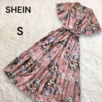 SHEIN 꽃무늬 카슈쿨 허리 리본 플레어 슬리브 롱 원피스 S