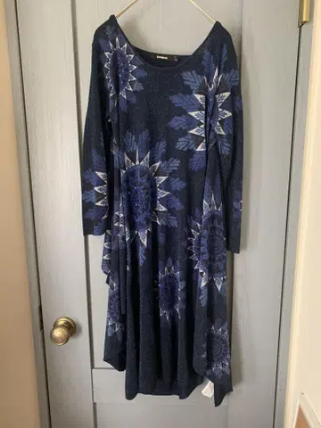 desigual 블루 네이비 기하학 패턴 긴팔 랩 드레스 원피스 XL