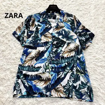 ZARA 자라 오픈 카라 셔츠 보태니컬 무늬 올 패턴 레이온 블루 반팔