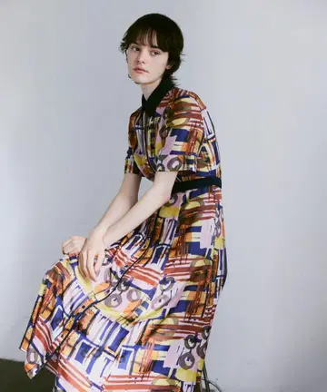 allureville 모던 아트 프린트 하프 슬리브 셔츠 원피스 M