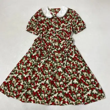 STREET ORGAN 딸기 무늬 허리 리본 플레어 원피스