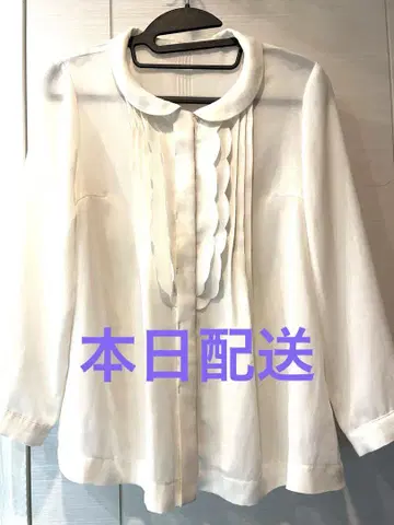 새상품급 배송 엘르 화이트 쉬폰 블라우스 긴팔 스캘럽 옷깃 38