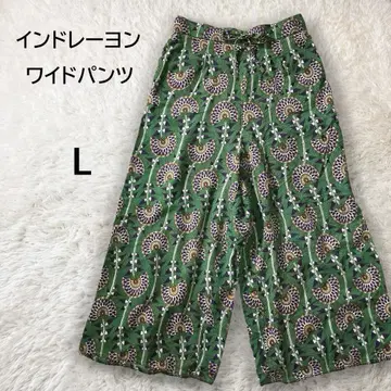 인도 레이온 전체 패턴 와이드 팬츠 이지 팬츠 그린 허리 밴딩 끈 L