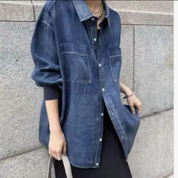 DOUDOU 소매 리브 시어 데님 셔츠 블루
