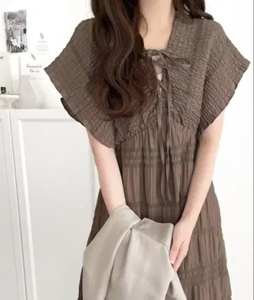 마조리카 플리츠 개더 플레어 원피스 (롱) 브라운 M