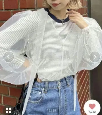 새상품 헬로 샌프란시스코 펄 장식 시어 볼륨 블라우스