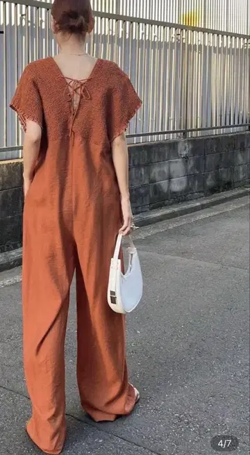 오렌지 V넥 와이드 팬츠 멜빵바지 JP-S