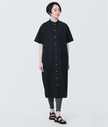 무인양품 브로드 스탠드 카라 반팔 원피스 블랙 XL