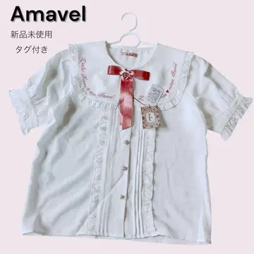 미사용 새상품 Amavel 아마벨 반팔 프릴 블라우스 자수 리본 포함