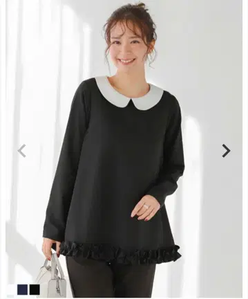새상품 fitmore A 라인 밑단 프릴 라운드 칼라 블라우스 블랙