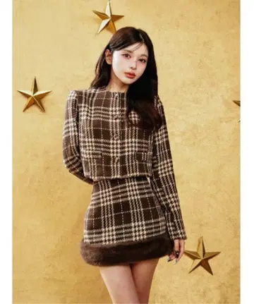 다리치 숏 트위드 자켓 도킹 퍼 트위드 미니 스커트