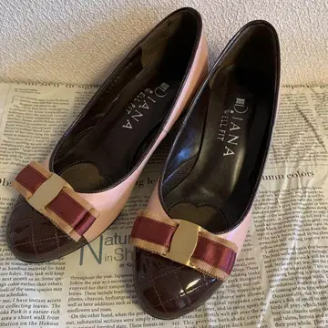 DIANA 로우 힐 펌프스 핑크 22cm 22EE 브라운 리본