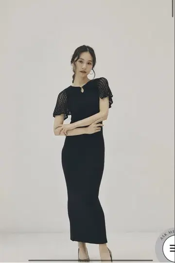 블랙 니트 롱 원피스 반팔 시스루 니트