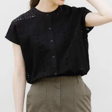 어반 리서치 써니 라벨 밴드 카라 코튼 레이스 셔츠