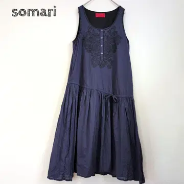 somari 슬리브리스 롱 원피스 자수 코튼 100% 안감 부착