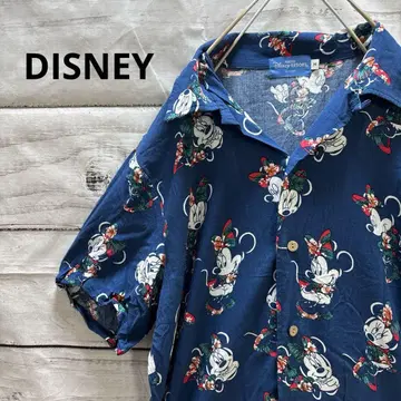 DISNEY 미니 패턴 알로하 셔츠 오픈 카라 반팔 셔츠 파랑
