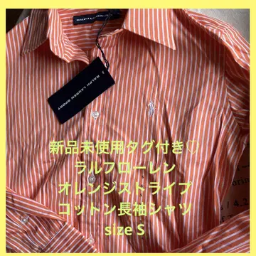 새상품 랄프 로렌 여성용 오렌지 스트라이프 코튼 긴팔 셔츠 size S