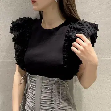 스나이델 SNIDEL 시어 슬리브 리브 컷 티셔츠 프릴 반팔 도트