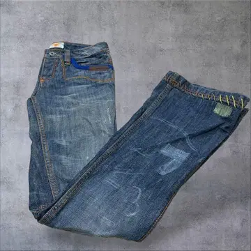 ANTIK DENIM 데미지 가공 y2k 블루 플레어 청바지 24 사이즈