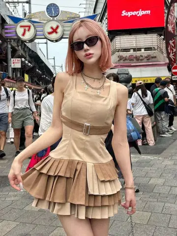 다리치 darich 언더 벨트 플리츠 미니 원피스 BEG