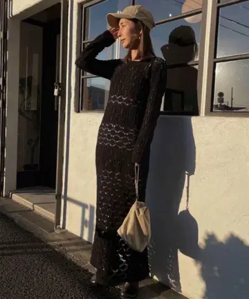 AMERI CROCHET RAGLAN LONG DRESS 블랙 S