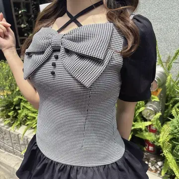 evelyn 하라주쿠점 한정판 빅 리본 티어드 OP 하운드투스 체크