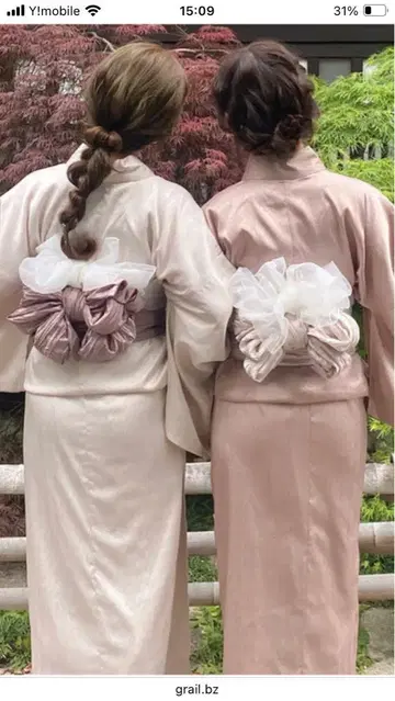 옅은 핑크 새틴풍 오비 큰 리본 포함