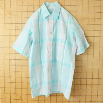 80s USA제 Career Club 체크 박스 셔츠 블루 M ss19
