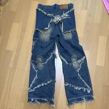 프린지 가공 다크 블루 데님 팬츠