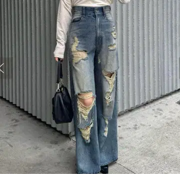 chico 데미지 와이드 데님 팬츠 블루