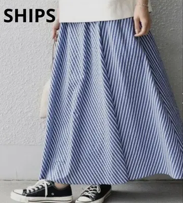 SHIPS 축구 스트라이프 플레어 스커트 롱 세탁 가능 허리 밴딩