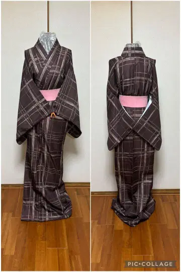 초코 격자 세탁 가능한 이중 기모노 톨