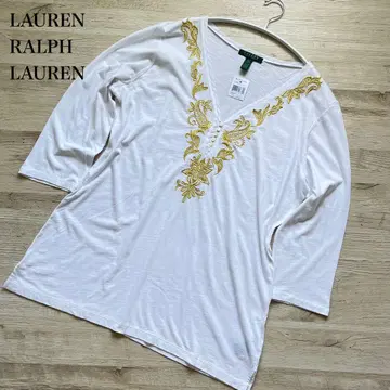 LAUREN RALPH LAUREN 골드 자수 V넥 7부 소매 티셔츠