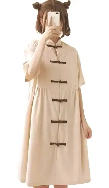 차이나 버튼 베이지 원피스 반팔