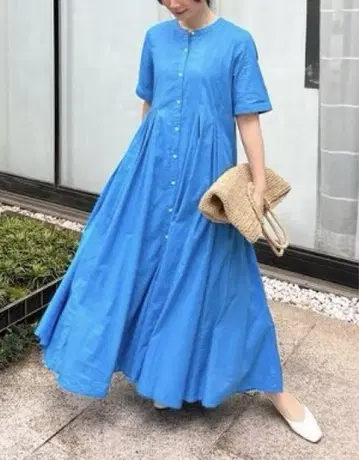 미사용 택 포함 두 아카이브 코튼 보일 플레어 맥시 원피스 스카이블루