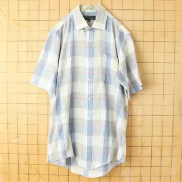 70s80s Peter England 반팔 체크 셔츠 블루 M ss21