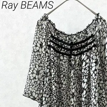 Ray BEAMS 블라우스 오프숄더 리프 무늬 올 패턴 시스루 7부 소매