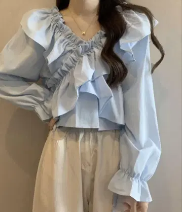 블라우스 셔츠 프릴 블루