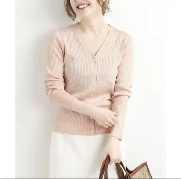 이에나 핑크 V넥 리브 니트 가디건