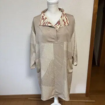 기모노 리메이크 캐주얼 원피스 베이지 기하학 패턴 튜닉