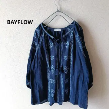 BAYFLOW 블라우스 자수 L 사이즈 블루 페전트 코튼 넉넉한 핏