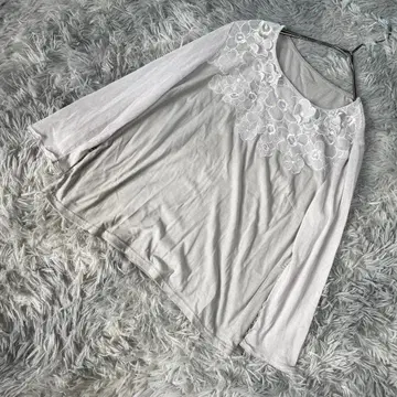 RESRALIQUE 레이스 플라워 디자인 티셔츠 7부 소매 그레이 L