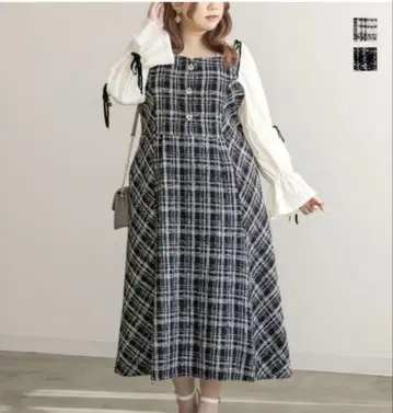 CLETTE 소매 리본 체크 무늬 트위드 원피스 블랙