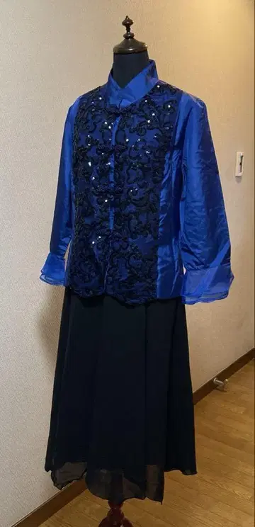 스팽글 자수 블루 차이나풍 상의 셔츠 포멀 중화풍