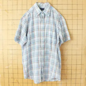 70s 80s USA JCPenney 반팔 체크 셔츠 블루 M ss24