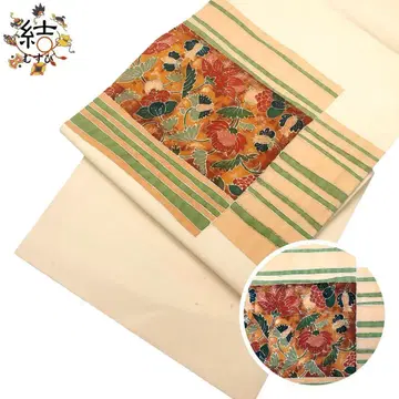 MO-3295 나고야 오비 손으로 그린 꽃 무늬 연한 달걀색 금색